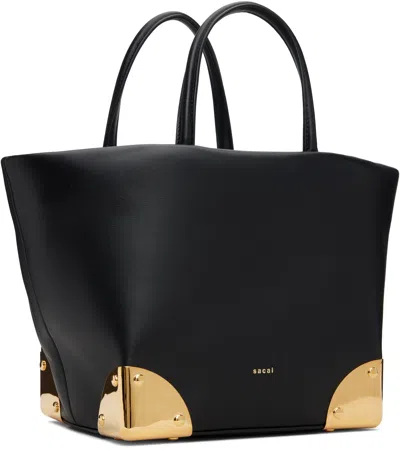 Sacai Black Corner Metal Small Tote In Black