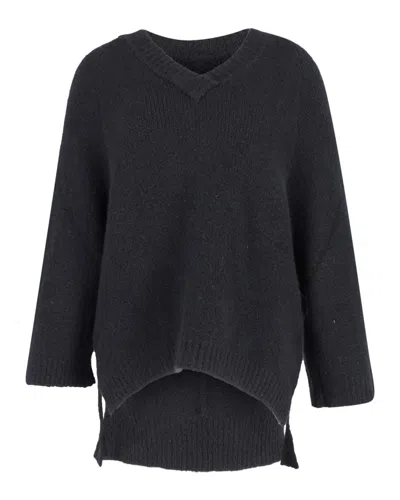 Adam Lippes Chunky Knit Deep V-neck Sweater Jumper In Black Cashmere In Black
