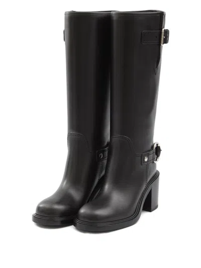 Gucci Below-the-knee Round Toe Leather Boot In Black