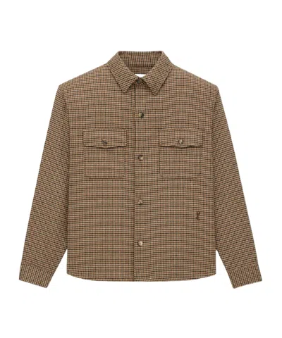 Saint Laurent Long Sleeve Checkered Overshirt Chest Pockets In Brown
