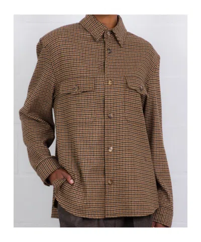 Saint Laurent Long Sleeve Checkered Overshirt Chest Pockets In Brown