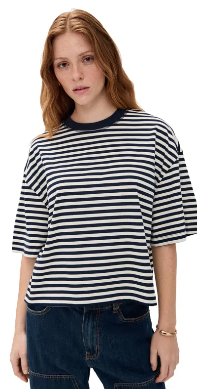 Lioness Bloom Short Sleeve White Navy Stripe In Black