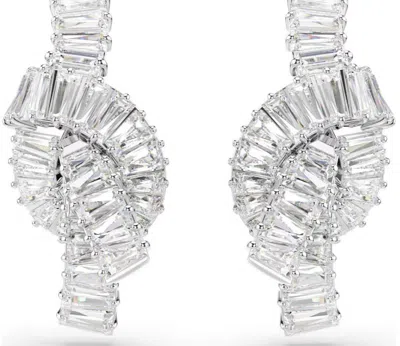 Swarovski Matrix Rhodium Plated Baguette Cut Earrings In Silver