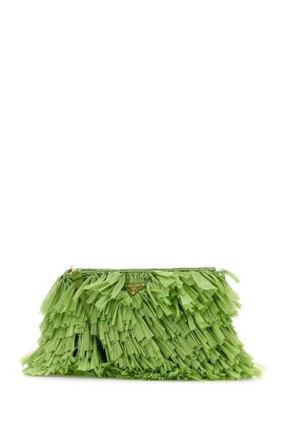 Prada Crochet Clutch Bag Fringe Detailing In Green