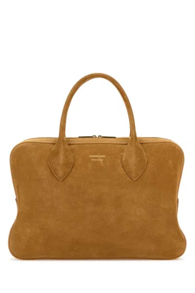 Ferragamo Camel Suede Medium Handbag In Brown