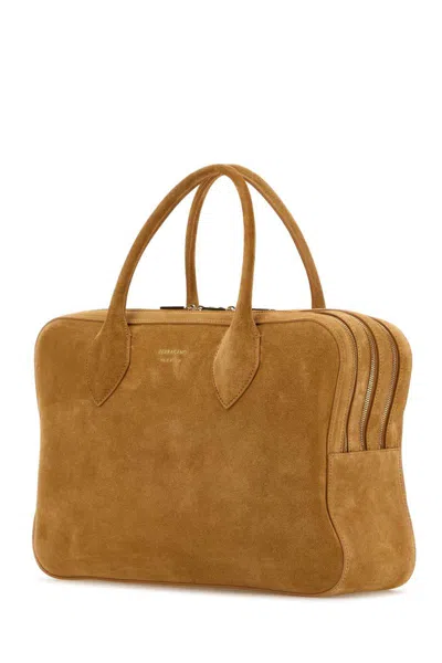 Ferragamo Camel Suede Medium Handbag In Brown