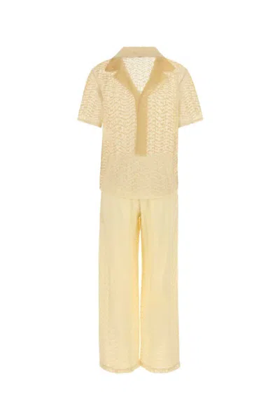 Saint Laurent Cotton Blend Pyjama Set With Collared Neck In Yellow
