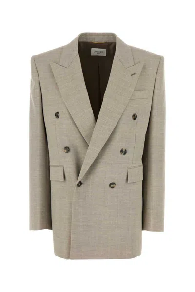 Saint Laurent Double-breasted Wool Blazer Peak Lapels In Neutral