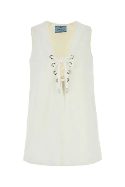 Prada Cotton Mini Dress Featuring Eyelet Detailing In Neutral