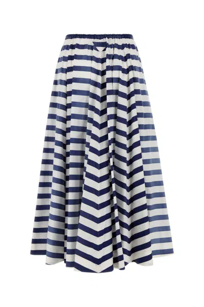 Prada Striped A-line Midi Skirt In Poplin In Blue