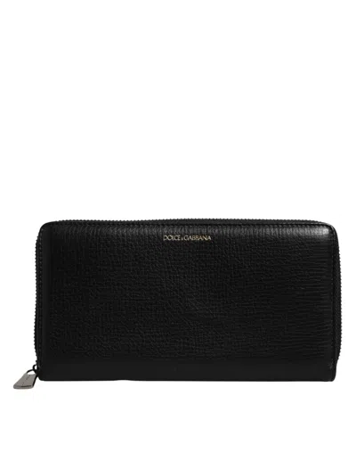 Dolce & Gabbana Black Calfskin Leather Logo Zip Around Continental Wallet In Black