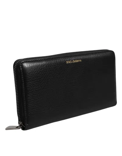 Dolce & Gabbana Black Calfskin Leather Logo Zip Around Continental Wallet In Black