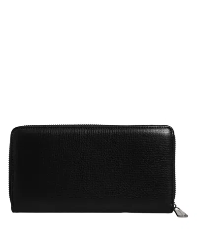 Dolce & Gabbana Black Calfskin Leather Logo Zip Around Continental Wallet In Black