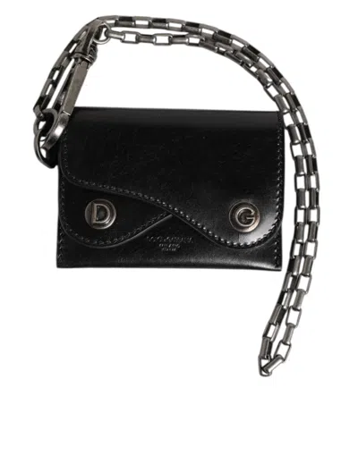 Dolce & Gabbana Black Cavallo Leather Wallet Chain Snap Bifold Card Holder In Black