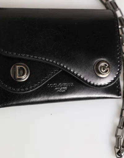 Dolce & Gabbana Black Cavallo Leather Wallet Chain Snap Bifold Card Holder In Black