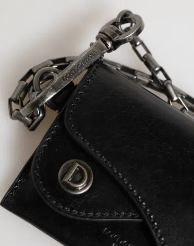 Dolce & Gabbana Black Cavallo Leather Wallet Chain Snap Bifold Card Holder In Black