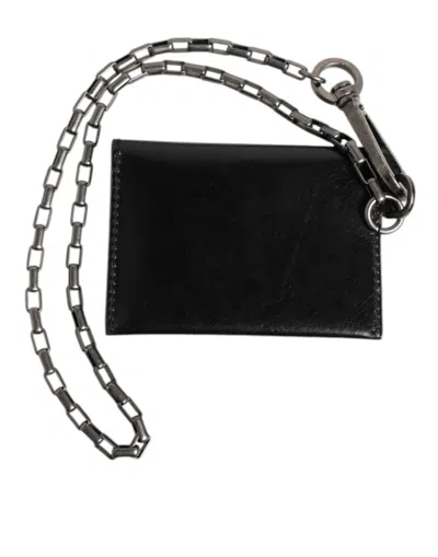Dolce & Gabbana Black Cavallo Leather Wallet Chain Snap Bifold Card Holder In Black