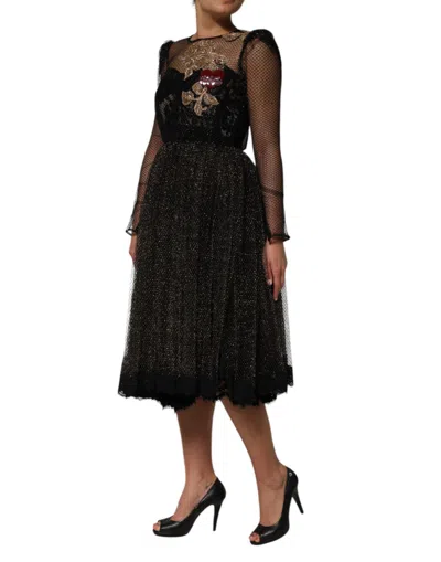 Pre-owned Dolce & Gabbana Black Crystal Heart Embellished A-line Women's Dress ()
