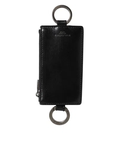 Dolce & Gabbana Black Leather Logo Embossed Lanyard Card Holde Wallet In Black