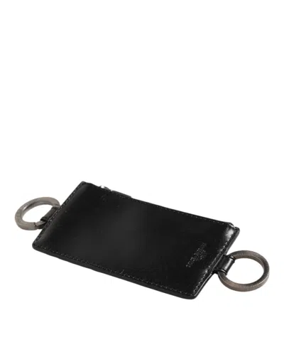 Dolce & Gabbana Black Leather Logo Embossed Lanyard Card Holde Wallet In Black