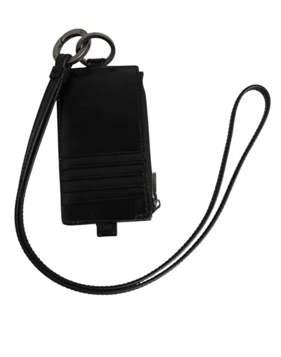 Dolce & Gabbana Black Leather Logo Embossed Lanyard Card Holder Wallet In Black