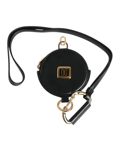 Dolce & Gabbana Black Round Leather Dg Logo Coin Purse Lanyard Wallet In Black