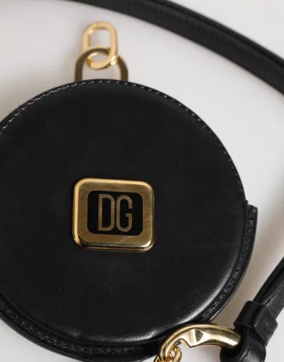 Dolce & Gabbana Black Round Leather Dg Logo Coin Purse Lanyard Wallet In Black