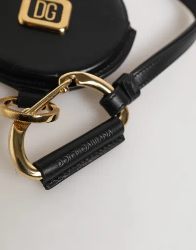 Dolce & Gabbana Black Round Leather Dg Logo Coin Purse Lanyard Wallet In Black