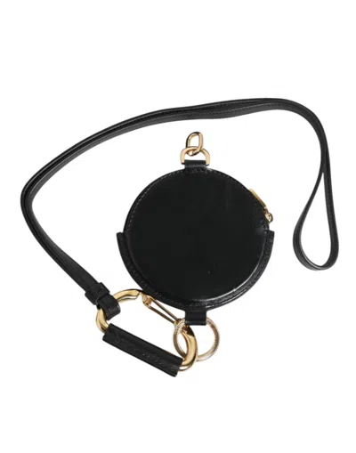 Dolce & Gabbana Black Round Leather Dg Logo Coin Purse Lanyard Wallet In Black