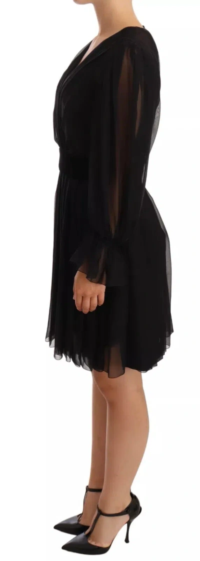 Pre-owned Dolce & Gabbana Black Silk Tulle Long Sleeve V-neck Women's Dress ()