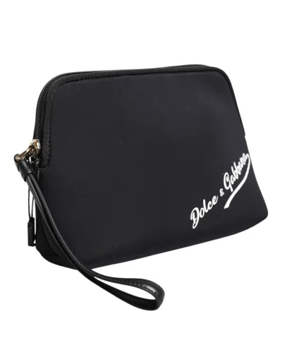 Dolce & Gabbana Black Solid Nylon Dg Logoprint Clutch Zip Borse Pouch Women's Bag In Black