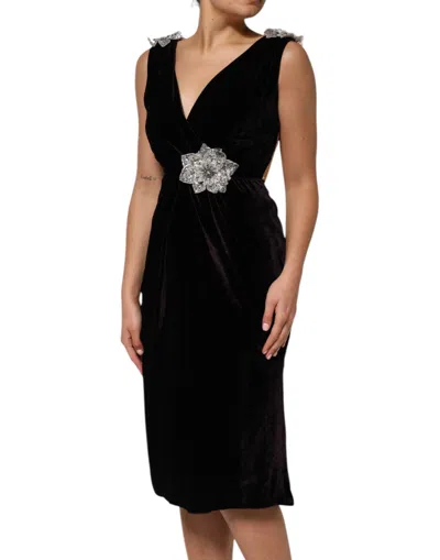 Dolce & Gabbana Black Velvet Flower Embellishment Aline Dress In Black