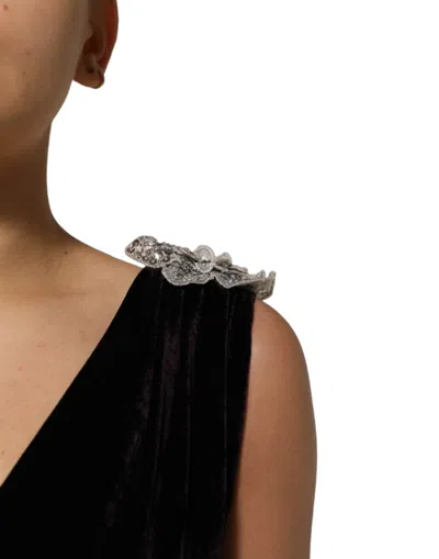 Dolce & Gabbana Black Velvet Flower Embellishment Aline Dress In Black