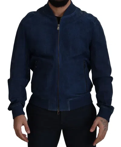 Pre-owned Dolce & Gabbana Blue Leather Perforated Full Zip Men's Jacket ()
