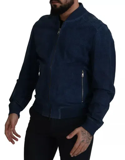 Pre-owned Dolce & Gabbana Blue Leather Perforated Full Zip Men's Jacket ()
