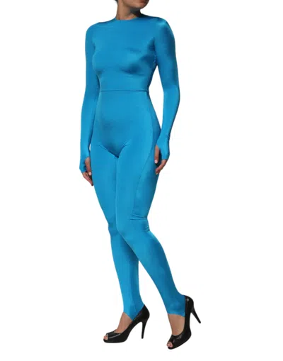 Dolce & Gabbana Blue Nylon Crew Neck Bodycon Jumpsuit Dress In Blue