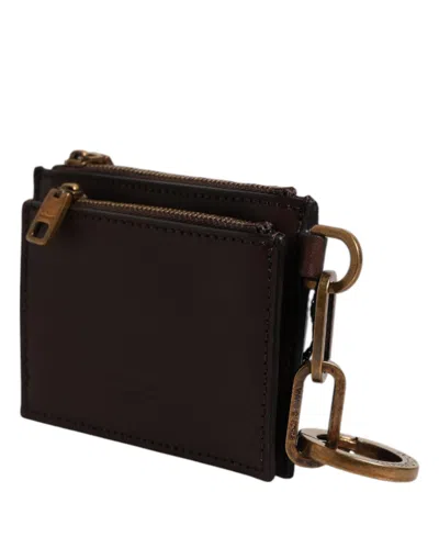 Pre-owned Dolce & Gabbana Brown Calf Leather Zip Logo Keyring Coin Purse Men Men's Wallet ()