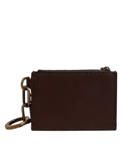 Pre-owned Dolce & Gabbana Brown Calf Leather Zip Logo Keyring Coin Purse Men Men's Wallet ()