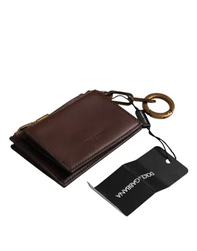 Pre-owned Dolce & Gabbana Brown Calf Leather Zip Logo Keyring Coin Purse Men Men's Wallet ()