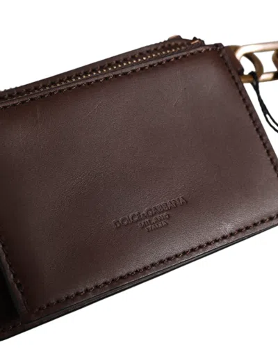 Pre-owned Dolce & Gabbana Brown Calf Leather Zip Logo Keyring Coin Purse Men Men's Wallet ()