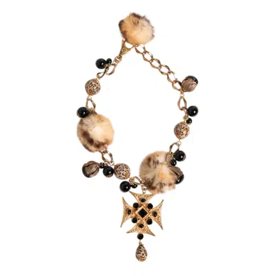 Dolce & Gabbana Gold Black Crystals Lapin Fur Filigree Choker Women's Necklace In Gold