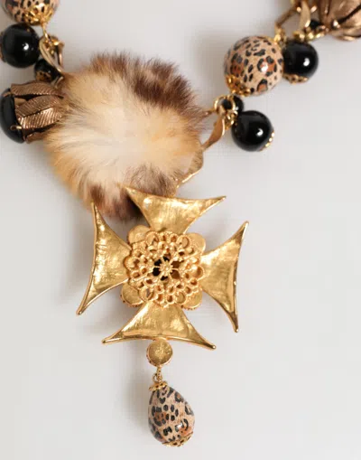 Dolce & Gabbana Gold Black Crystals Lapin Fur Filigree Choker Women's Necklace In Gold