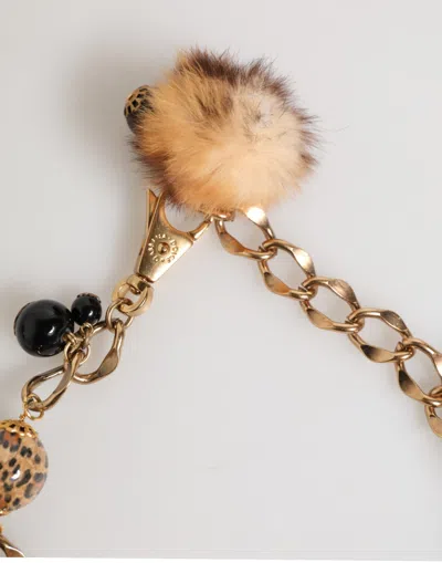 Dolce & Gabbana Gold Black Crystals Lapin Fur Filigree Choker Women's Necklace In Gold