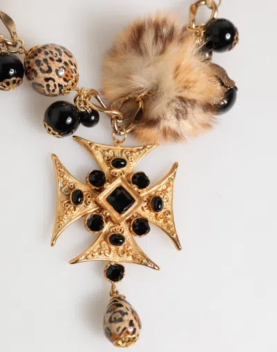 Dolce & Gabbana Gold Black Crystals Lapin Fur Filigree Choker Women's Necklace In Gold