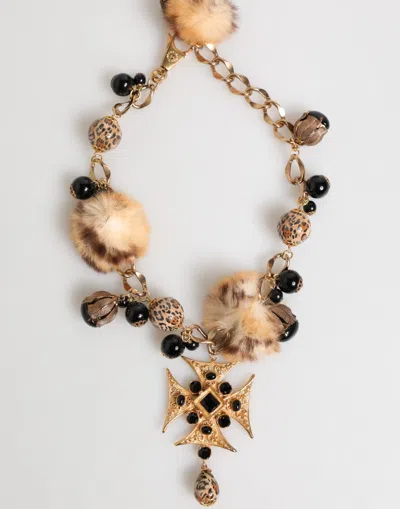 Dolce & Gabbana Gold Black Crystals Lapin Fur Filigree Choker Women's Necklace In Gold