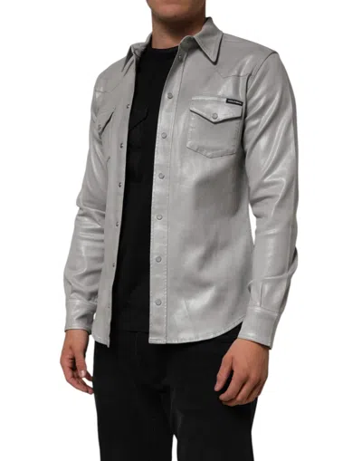 Pre-owned Dolce & Gabbana Gray Coated Cotton Snap Button Logo Men Men's Shirt ()