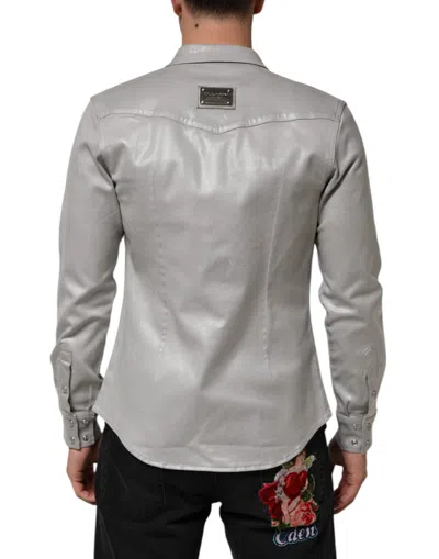 Pre-owned Dolce & Gabbana Gray Coated Cotton Snap Button Logo Men Men's Shirt ()