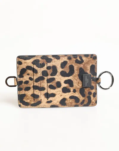 Dolce & Gabbana Leopard Print Leather Embossed Lanyard Card Holder Wallet In Brown