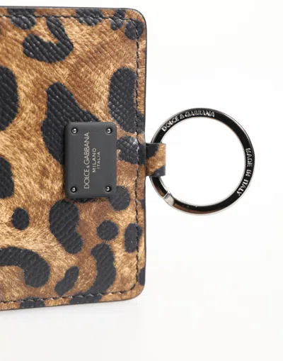 Dolce & Gabbana Leopard Print Leather Embossed Lanyard Card Holder Wallet In Brown