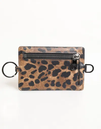 Dolce & Gabbana Leopard Print Leather Embossed Lanyard Card Holder Wallet In Brown
